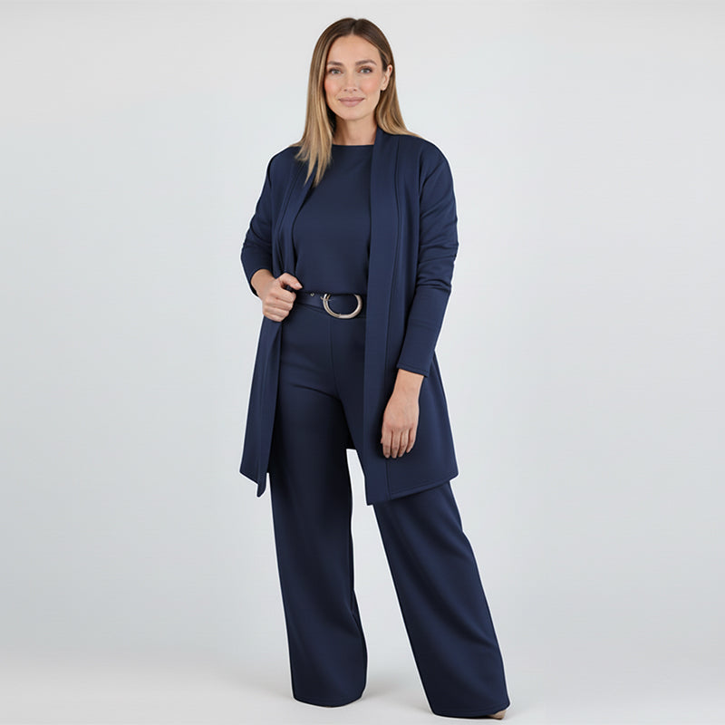 Elegante set da 3 pezzi: cardigan lungo, top e pantaloni