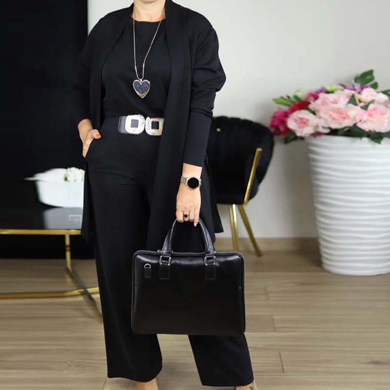 Elegante set da 3 pezzi: cardigan lungo, top e pantaloni