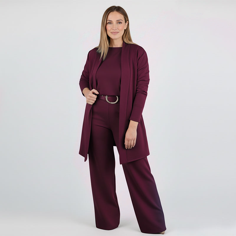 Elegante set da 3 pezzi: cardigan lungo, top e pantaloni