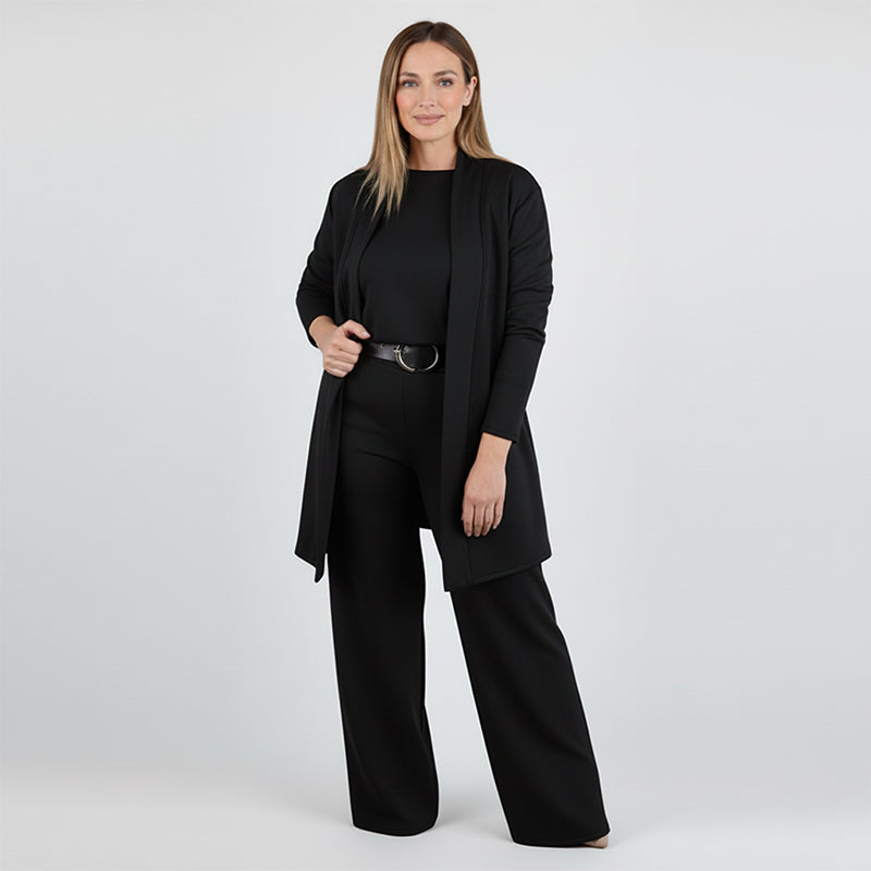Elegante set da 3 pezzi: cardigan lungo, top e pantaloni