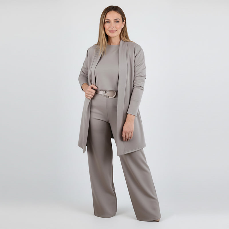 Elegante set da 3 pezzi: cardigan lungo, top e pantaloni